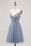 Grey Blue A-line Tulle Short Prom Dress with Beading