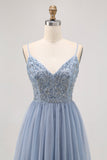 Grey Blue A-line Tulle Short Prom Dress with Beading