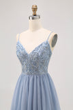 Grey Blue A-line Tulle Short Prom Dress with Beading