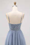 Grey Blue A-line Tulle Short Prom Dress with Beading