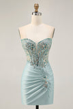 Grey Green Bodycon Strapless Cocktail Dress with Sequins