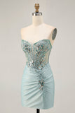Grey Green Bodycon Strapless Cocktail Dress with Sequins