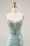 Grey Green Bodycon Strapless Cocktail Dress with Sequins