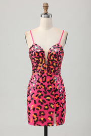 Fuchsia Bodycon Spaghetti Straps Sequins Short Prom Dress with Slit