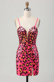 Sequin Fuchsia Spaghetti Straps Tight Cocktail Dress with Slit
