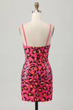 Sequin Fuchsia Spaghetti Straps Tight Cocktail Dress with Slit