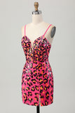 Fuchsia Bodycon Spaghetti Straps Sequins Short Prom Dress with Slit
