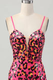 Fuchsia Bodycon Spaghetti Straps Sequins Short Prom Dress with Slit
