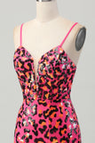 Fuchsia Bodycon Spaghetti Straps Sequins Short Prom Dress with Slit