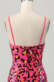 Fuchsia Bodycon Spaghetti Straps Sequins Short Prom Dress with Slit