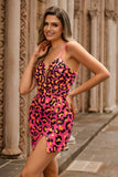 Sequin Fuchsia Spaghetti Straps Tight Cocktail Dress with Slit