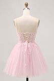 Pink A Line Corset Tulle Short Cocktail Dress with Appliques