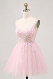 Pink A Line Corset Tulle Short Cocktail Dress with Appliques