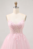 Pink A Line Corset Tulle Short Cocktail Dress with Appliques