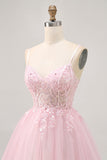 Pink A Line Corset Tulle Short Cocktail Dress with Appliques