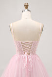 Pink A Line Corset Tulle Short Cocktail Dress with Appliques