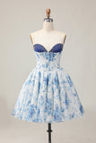 White Blue Flower A-Line Strapless Printed Beaded Short Prom Dress