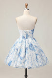 White Blue Flower A-Line Strapless Printed Beaded Short Prom Dress