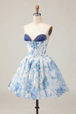 White Blue Flower A-Line Strapless Printed Beaded Short Prom Dress
