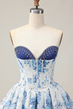 White Blue Flower A-Line Strapless Printed Beaded Short Prom Dress