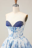 White Blue Flower A-Line Strapless Printed Beaded Short Prom Dress