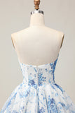 White Blue Flower A-Line Strapless Printed Beaded Short Prom Dress