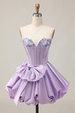 Sparkly Purple A-Line Strapless Sequins Short Prom Dress with Bow