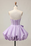 Sparkly Purple A-Line Strapless Sequins Short Prom Dress with Bow