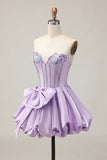 Sparkly Purple A-Line Strapless Sequins Short Prom Dress with Bow