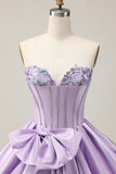 Sparkly Purple A-Line Strapless Sequins Short Prom Dress with Bow