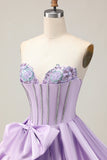 Sparkly Purple A-Line Strapless Sequins Short Prom Dress with Bow