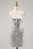 Corset Silver V Neck Bodycon Mirror Cocktail Dress
