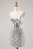Corset Silver V Neck Bodycon Mirror Cocktail Dress