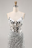 Corset Silver V Neck Bodycon Mirror Cocktail Dress