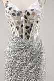 Corset Silver V Neck Bodycon Mirror Cocktail Dress