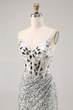 Corset Silver V Neck Bodycon Mirror Cocktail Dress