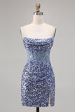 Corset Grey Blue Bodycon Sequin Cocktail Dress