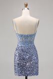 Corset Grey Blue Bodycon Sequin Cocktail Dress