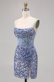Corset Grey Blue Bodycon Sequin Cocktail Dress