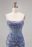 Corset Grey Blue Bodycon Sequin Cocktail Dress