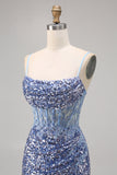 Corset Grey Blue Bodycon Sequin Cocktail Dress