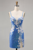 Sparkly Floral Blue Bodycon Sequin Cocktail Dress
