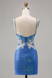 Sparkly Floral Blue Bodycon Sequin Cocktail Dress