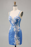 Sparkly Floral Blue Bodycon Sequin Cocktail Dress