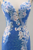 Sparkly Floral Blue Bodycon Sequin Cocktail Dress