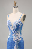 Sparkly Floral Blue Bodycon Sequin Cocktail Dress