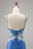 Sparkly Floral Blue Bodycon Sequin Cocktail Dress