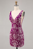 Sparkly Fuchsia Beaded Bodycon Cocktail Dress