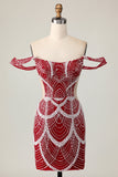 Red Off the Shoulder Bodycon Cocktail Dress with Sequins