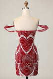 Off the Shoulder Bodycon Red Cocktail Dress with Sequins